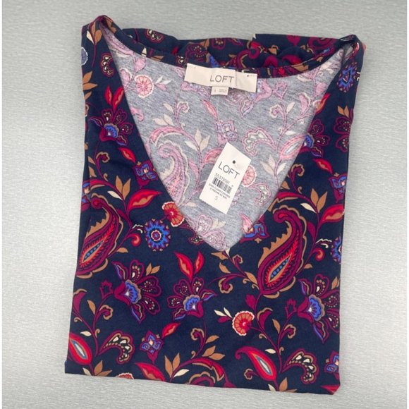 LOFT Women Paisley Ruffle Cinched Sleeve V-Neck Top Small - Picture 4 of 16
